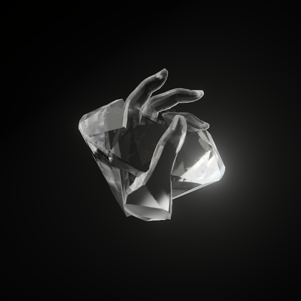 glowing white crystal with a hand figure inside on a black background