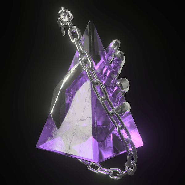 glowing purple crystal with a hand figure inside on a black background
